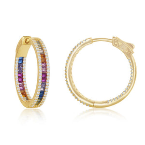 Rainbow Channel-Set and White CZ Border Hoop Earrings