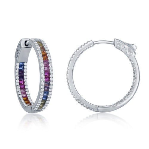 Rainbow Channel-Set and White CZ Border Hoop Earrings